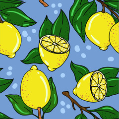 Vector seamless pattern with lemon and leaf on blue background. Hand drawn lemons. Wallpaper and textile idea. Good for printing. Wrapping paper pattern.