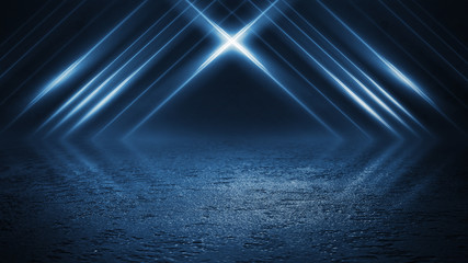 Empty background scene. Dark street reflection on the wet pavement. Rays  neon light in the dark, neon figures, smoke. Night view of the street, the city. Abstract dark background.