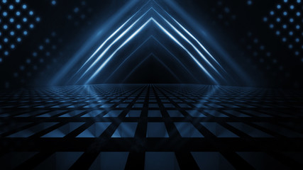 Empty background scene. Dark street reflection on the wet pavement. Rays  neon light in the dark, neon figures, smoke. Night view of the street, the city. Abstract dark background.