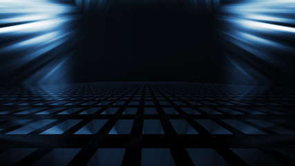 Empty background scene. Dark street reflection on the wet pavement. Rays  neon light in the dark, neon figures, smoke. Night view of the street, the city. Abstract dark background.