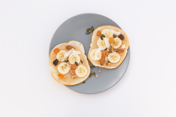 Peanut butter sandwich breakfast or snack on white background.