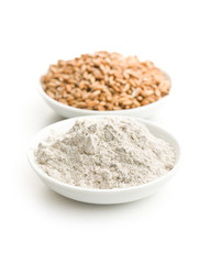 Whole grain wheat flour and wheat grains.