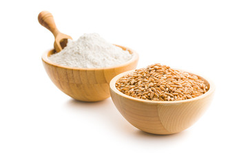 Whole grain wheat flour and wheat grains.