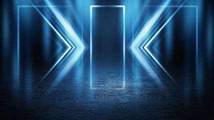 Empty background scene. Dark street reflection on the wet pavement. Rays  neon light in the dark, neon figures, smoke. Night view of the street, the city. Abstract dark background.