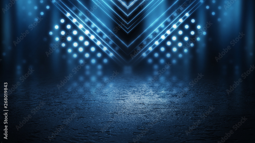 Poster empty background scene. dark street reflection on the wet pavement. rays neon light in the dark, neo