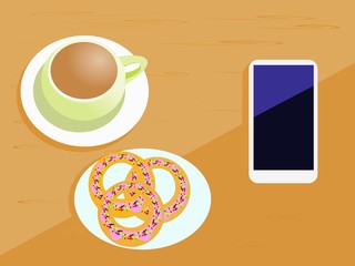 The coffee cup has a donuts and a mobile phone on a brown wood table.