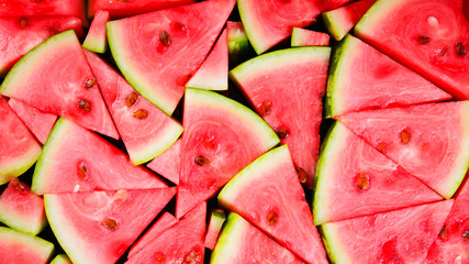 Watermelon pattern. Sliced watermelon with seed. Summer fruit background. Flat lay. Top view