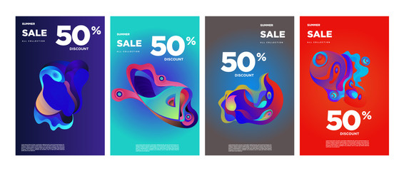 Vector summer sale 50% discount with fluid colorful background. Summer banner, website, poster, and sales promotion background set.
