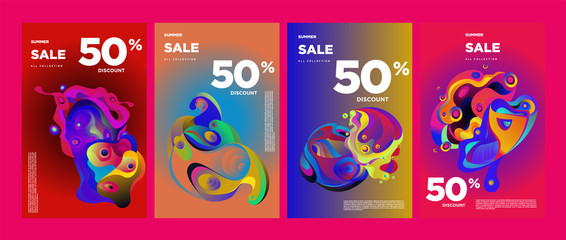 Obraz na płótnie Canvas Vector summer sale 50% discount with fluid colorful background. Summer banner, website, poster, and sales promotion background set.