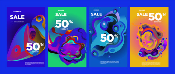 Vector summer sale 50% discount with fluid colorful background. Summer banner, website, poster, and sales promotion background set.