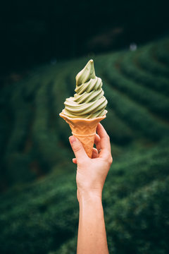 focus photography of person holding ice cream on cone in front on grass field