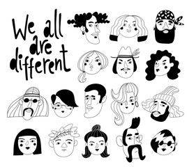 Vector design with we all are different lettering and different people avatars or portraits