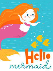 Vector birthday card with cartoon mermaid character and three litttle fish