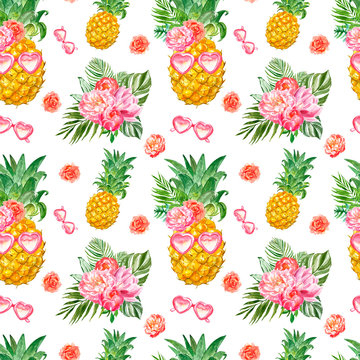 Funny summer seamless pattern with fresh pineapple in sunglasses and tropical plants on white background. Cute hawaiian print.