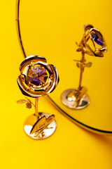 Rose jewelry over yellow background. Jewelry with reflection on the mirror on color background.