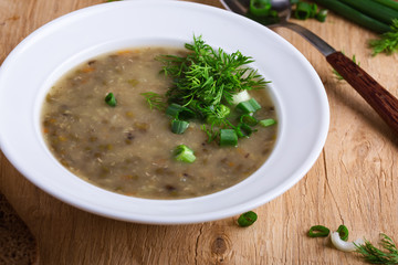 Healthy mung bean soup with fresh green onion and dill