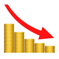 Stacks of golden coins with red arrow down symbol. Diagram of revenue level or graph of income statistics. 3d rendering