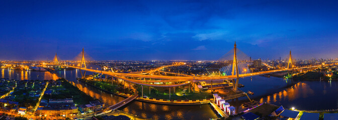 Fototapeta premium Aerial view of Bhumibol suspension Bridge in Bangkok, Thailand.