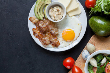 Keto breakfast with fried eggs, bacon, avocado, butter, hummus and vegetables. Healthy fats concept