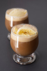 Ice cream and coffee espresso. Deliciouse summer refreshing drink in glass.