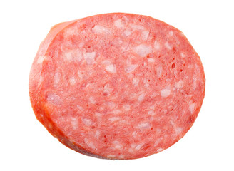 sliced sausage salami isolated on white background. top view