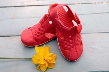 Pink girl sandals on blue wooden background top view. Spring background. Children's small shoes and plush toy with yellow Narcissus.