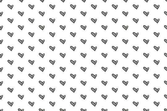 Hand drawn background with hearts. Seamless grungy wallpaper on surface. Abstract texture with many signs. Lovely pattern. Print for design. Black and white illustration