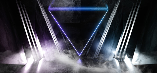 Smoke Fog Neon Blue Purple Glowing Triangle Sci Fi Futuristic Virtual Spaceship Abstract Triangle Glossy Metal Concrete Grunge Dark Empty Cinematic Corridor Room Hallway Entrance 3D Rendering