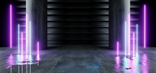 Neon Laser Fluorescent Purple Blue Futuristic Column Garage Showroom Tunnel Corridor Concrete Metal Grunge Reflective Empty Space White Glow Showcase Stage Underground Entrance 3D Rendering
