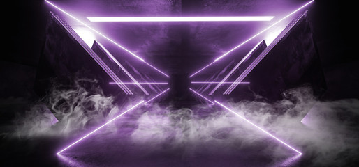 Smoke Neon Violet Purple Glowing Triangle Sci Fi Futuristic Virtual Spaceship Abstract Triangle Glossy Metal Concrete Grunge Dark Empty Cinematic Corridor Room Hallway Entrance 3D Rendering