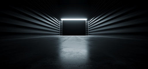 Naklejka premium Dark Cinematic Futuristic Modern Garage Showroom Tunnel Corridor Concrete Metal Grunge Reflective Glossy Empty Space White Glow Showcase Stage Underground Hallway Entrance 3D Rendering