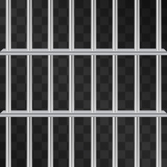 Metallic grid, prison symbol. Steel bar rows on door way preventing inmates from escape. Fight for freedom, human rights symbol. Inevitable justice for criminal perpetrators. Incarceration cell, jail.