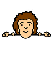 gesicht verstecken wand mauer schild fläche werbung schreiben name kopf mann junge männlich comic cartoon clipart design freundlich fröhlich