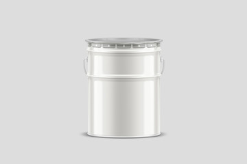 White Tub Paint Bucket Mock up, container with metal handle and lid on light gray background. Metal painting Pail .3D rendering.