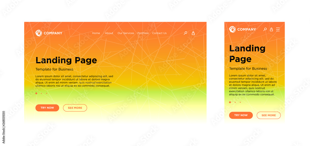 Poster landing page template desktop pc and mobile adaptive version. minimal geometric fading effect backgr