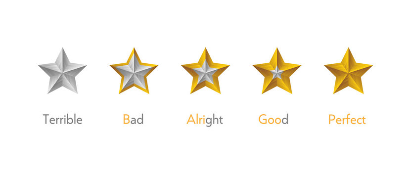 Star rating symbols with 5 star. Terrible, bad, alright, good, perfect rank set. Quality feedback experience level concept. Isolated vector badge for website, app or games