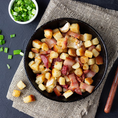 Traditional dish of Spanish cuisine - migos from bread. Top view.
