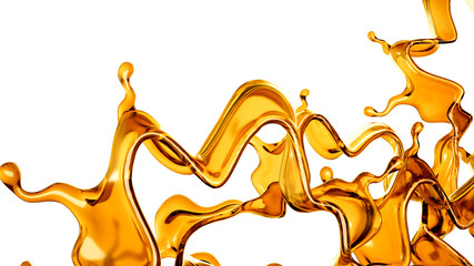 Splash of a transparent orange liquid on a white background. 3d illustration, 3d rendering.