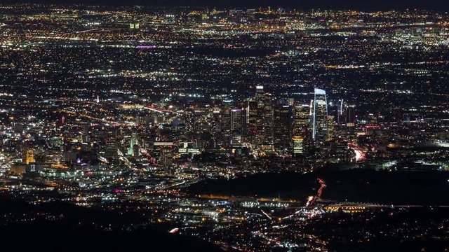 Downtown Los Angeles from above at night Timelapse