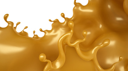 Golden splash of caramel on a white background. 3d illustration, 3d rendering.