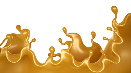 Golden splash of caramel on a white background. 3d illustration, 3d rendering.