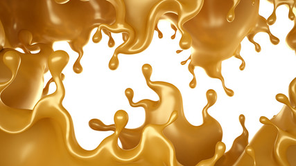 Golden splash of caramel on a white background. 3d illustration, 3d rendering.