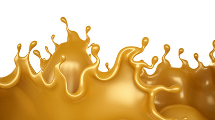 Golden splash of caramel on a white background. 3d illustration, 3d rendering.