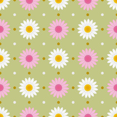 White, and pink daisy seamless pattern. Daisy flowers, and decorative dots on a light green background. For children fabric, backdrop, textile, wallpaper, etc. EPS-10 vector, printable CMYK colors.