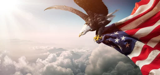 Fototapeten Adler mit amerikanischer Flagge fliegt in Freiheit © Romolo Tavani