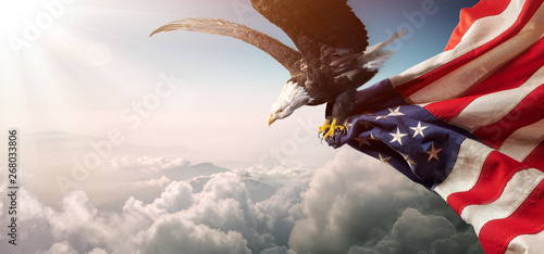 Eagle With American Flag Flies In Freedom