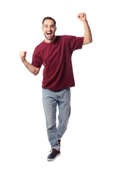 Full length portrait of emotional handsome man on white background