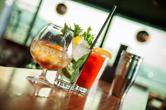 mojito,cognac and blody mary on the bar