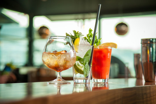 mojito,cognac and blody mary on the bar