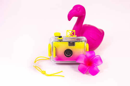Vintage camera in vibrant bold gradient yellow to fuchsia colors.